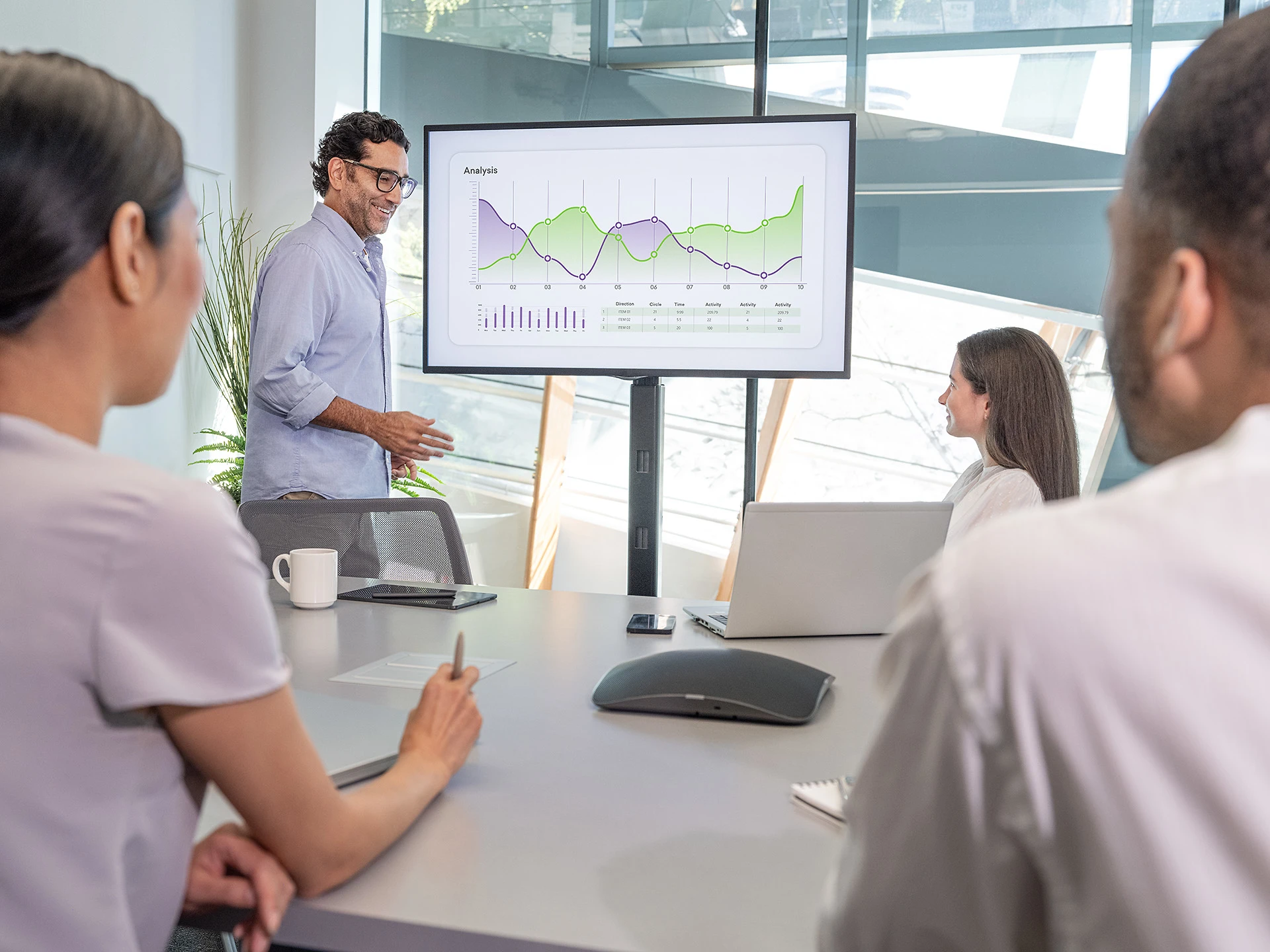 A team of four reviewing sales data in a meeting