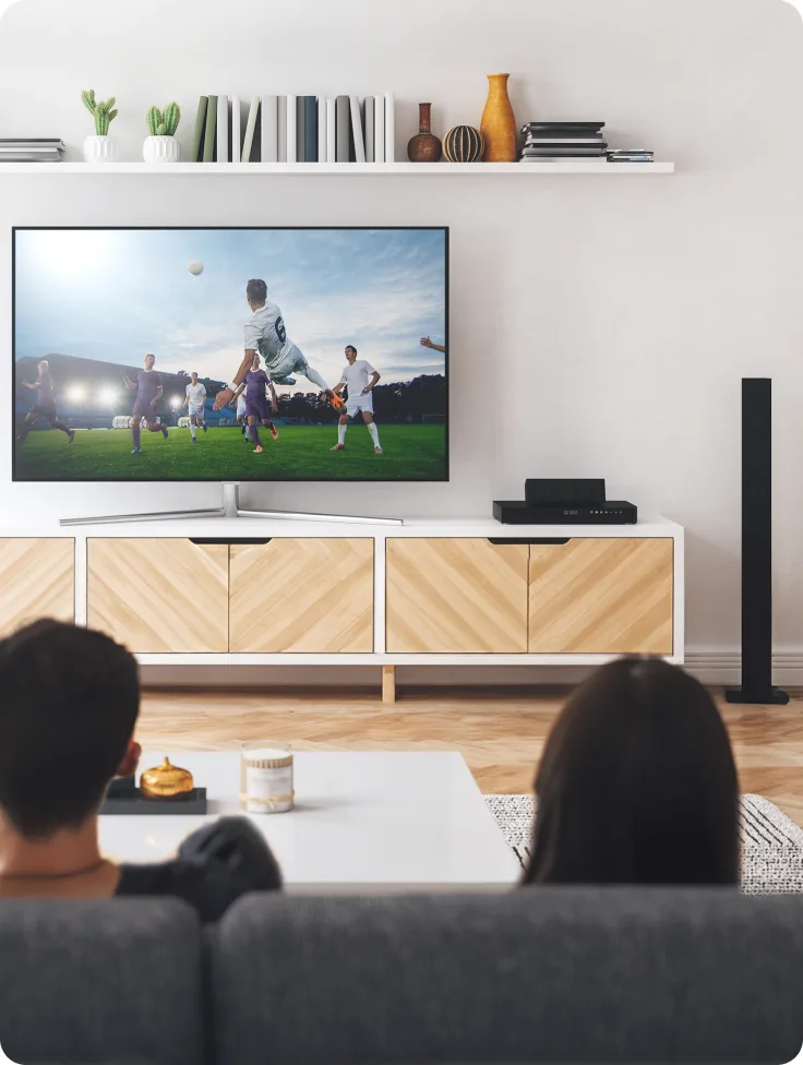 A couple watch sports on their TV in the living room.