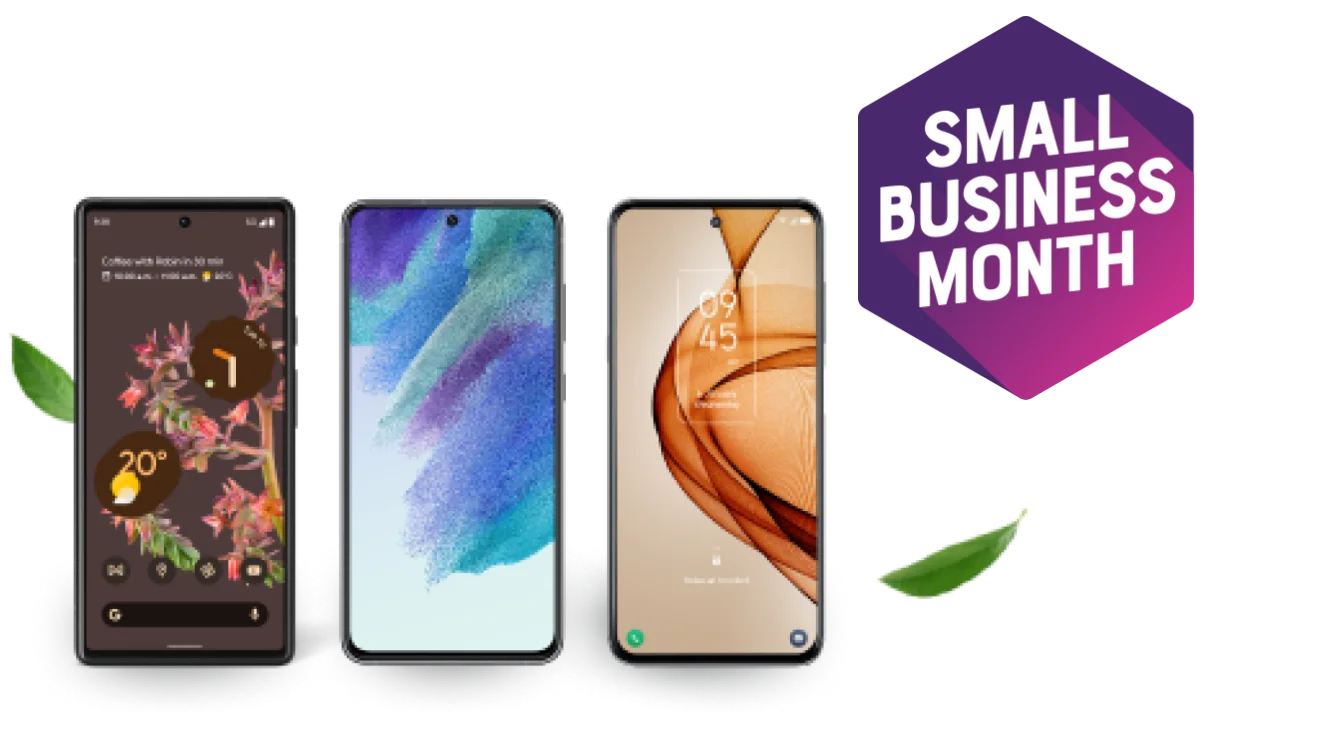 Three smartphones displayed beside each other with falling leaves behind them. A roundel reads "Small Business Month".