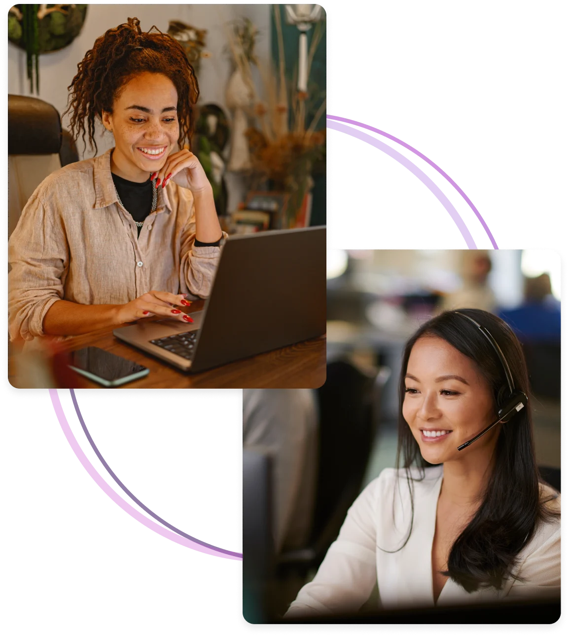 A business owner sitting in an office working at their laptop with a phone beside them, speaking with a TELUS success manager in an office wearing a headset.