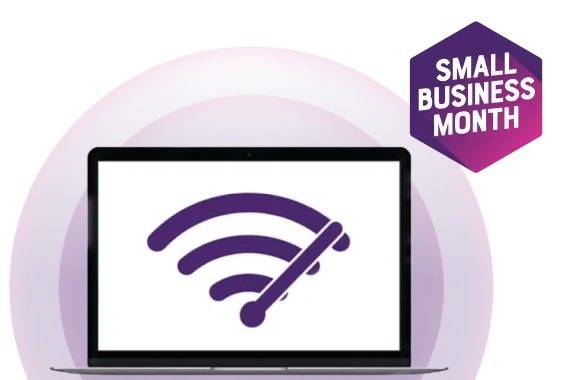 A laptop with the Wi-Fi speed logo on its screen. A roundel reads "Small Business Month".