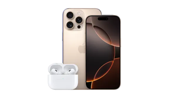 The back view of the iPhone 16 Pro in Desert Titanium emerges from behind the front view of the iPhone 16 Pro. Infront and slightly to the right is a pair of AirPods 4.