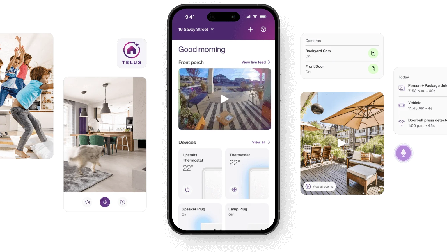 The TELUS SmartHome + app is surrounded by Home View camera feeds from inside, outside and at the door along with summaries of active cameras and activity recorded from the day. 