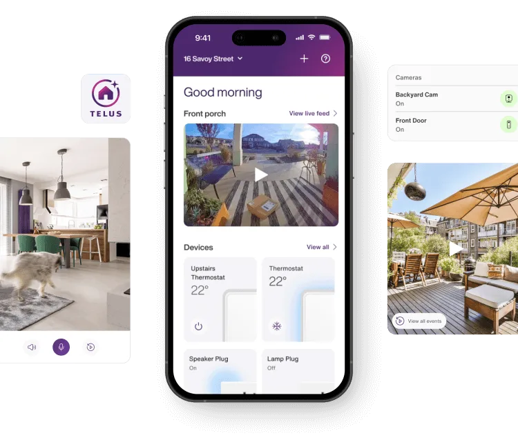 The TELUS SmartHome + app is surrounded by HomeView camera feeds from inside, outside and at the door along with summaries of active cameras and activity recorded from the day. 