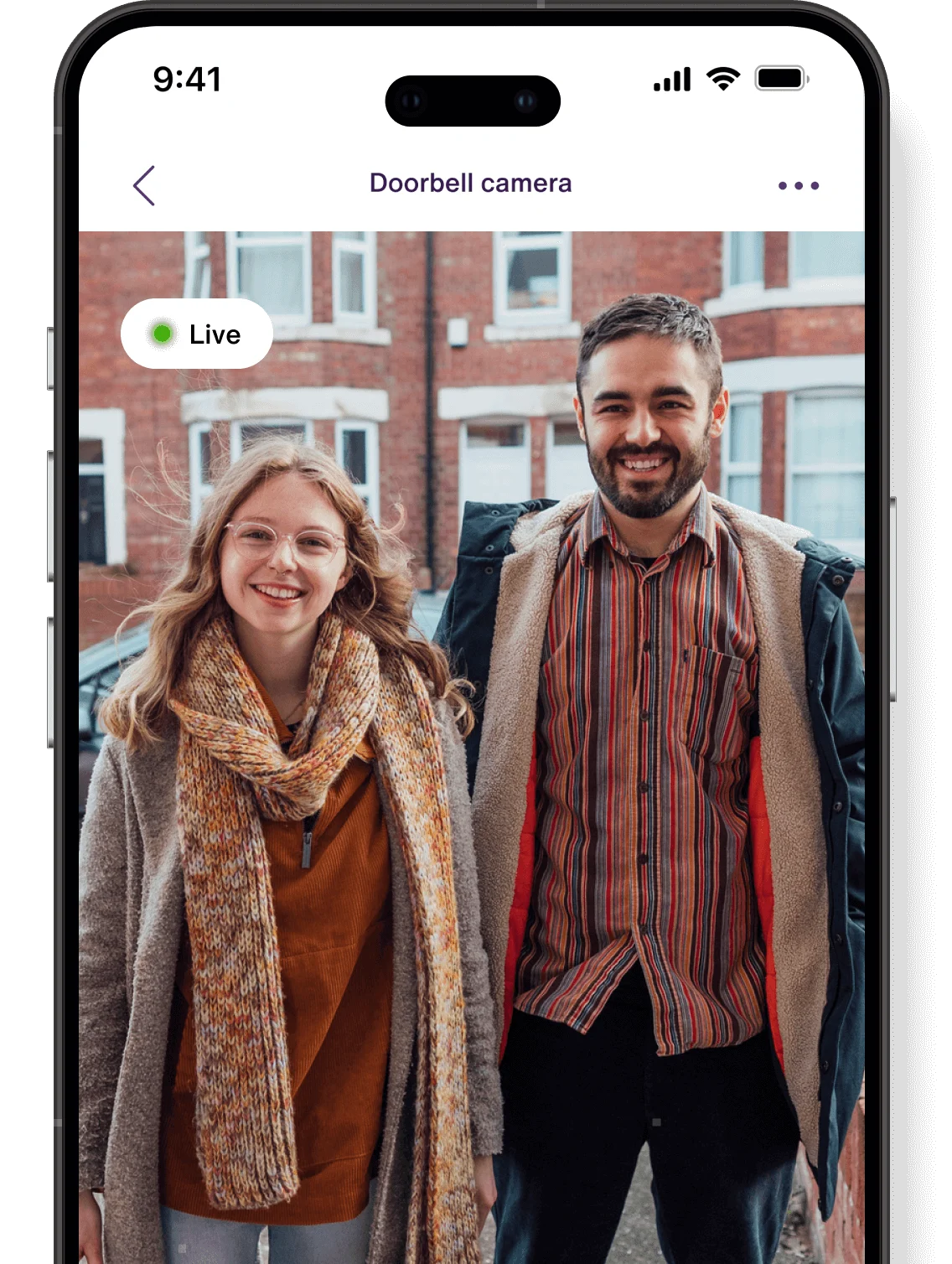 The TELUS SmartHome + app showing the live view of guests at the door from a TELUS Doorbell camera. 