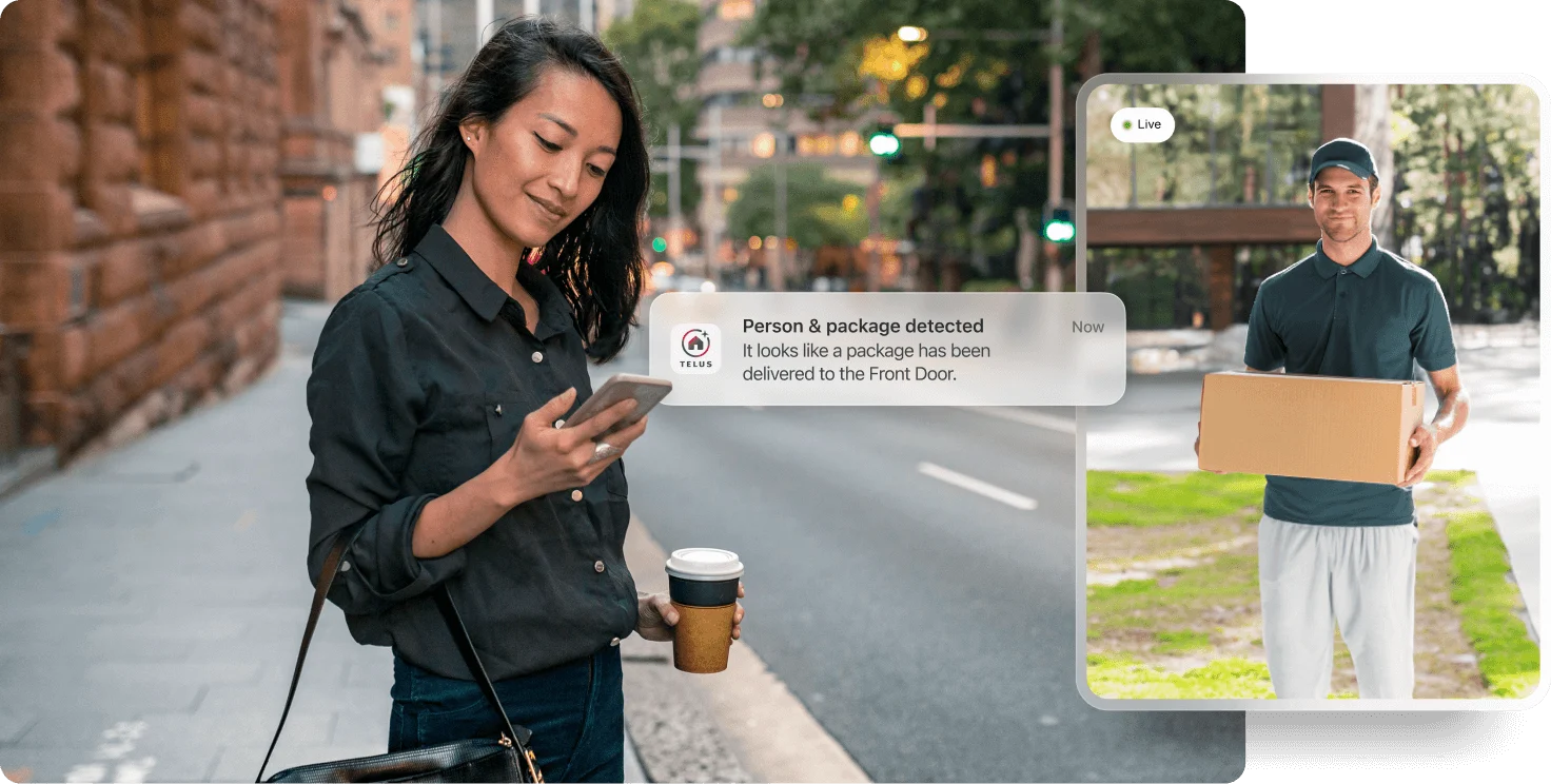 A woman on her commute holds the TELUS SmartHome + app while seeing a notification for a Person & Package detected at her front door. A live video of the package delivery and the icon for TELUS Beta Exclusive are also visible. 