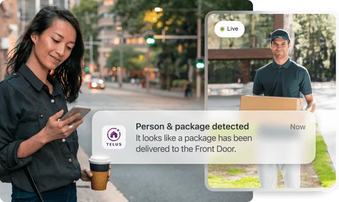 A woman on her commute holds the TELUS SmartHome + app while seeing a notification for a Person & Package detected at her front door. A live video of the package delivery and the icon for TELUS Beta Exclusive are also visible. 