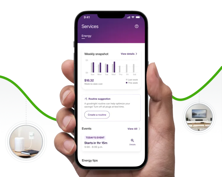 A hand holds the TELUS SmartHome + app surrounded by thermostats, heating and cooling appliances, TVs, and computers all connected with smartplugs to help you save on your energy bills. 