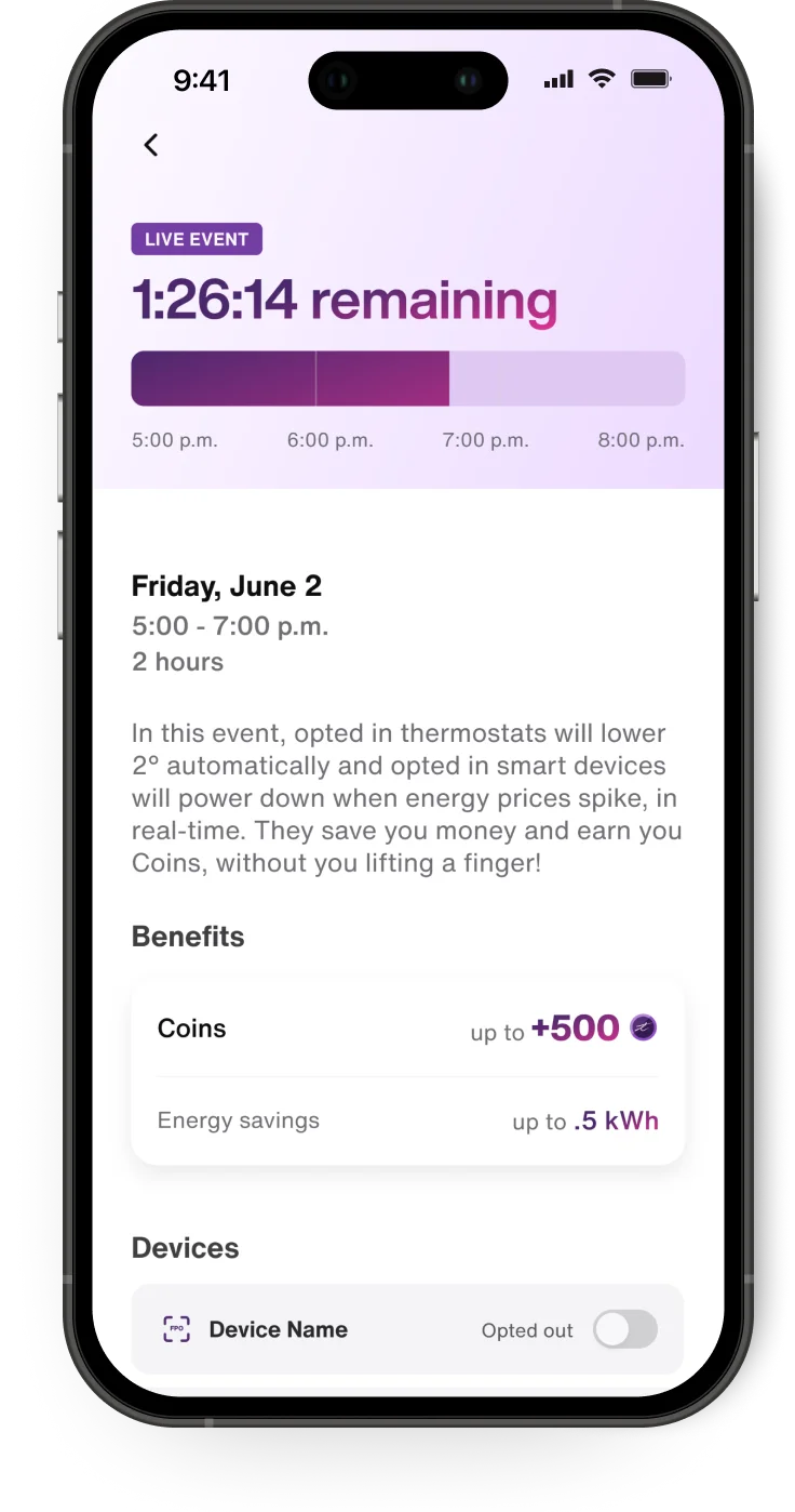 The TELUS SmartHome+ app shows a SmartEnergy energy savings event in progress and the potential rewards and devices opted in. 