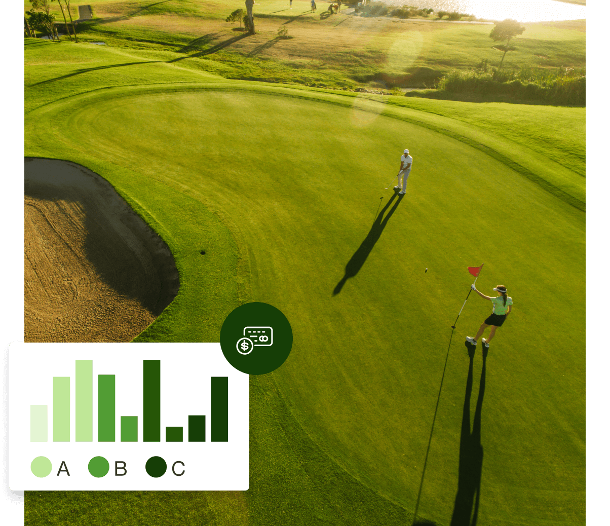 Two golfers playing a game of golf on a green.